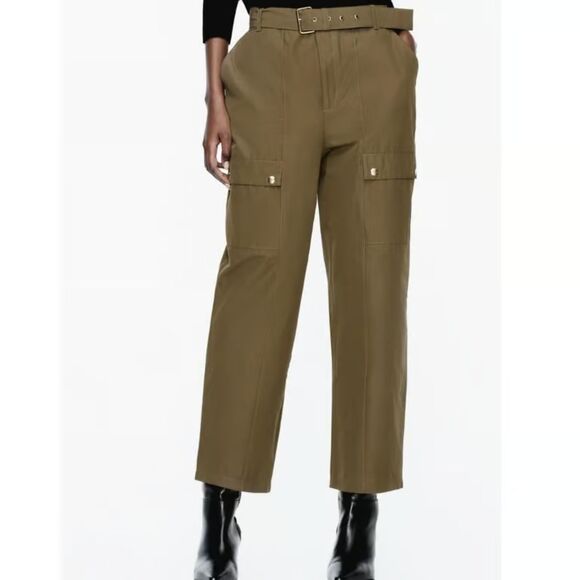 Green Zara High-Waisted Belted Cargo Trouser Pants (NWT) - Picture 1 of 7